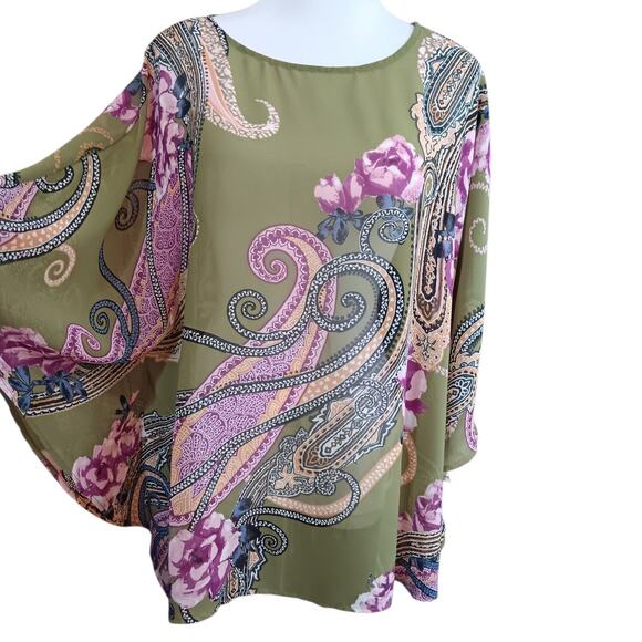 BOB MACKIE Kimono Artsy Floral Large Sheer Poncho Roses Paisley Dressy Green - Picture 8 of 10
